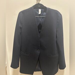 SPANX Navy Pinstripe Collarless Blazer